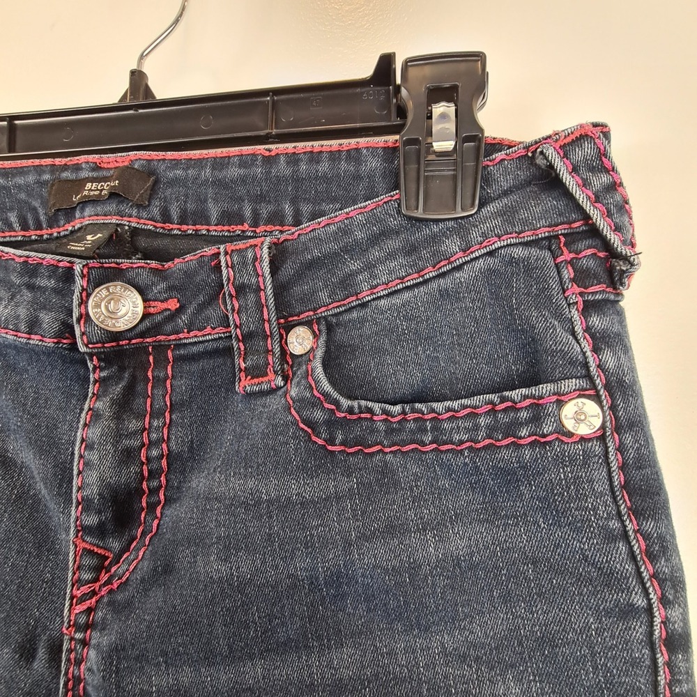 True Religion Becca Low Rise Bootcut Jeans Dark Blue Pink Contrast Stitch Sz 29 - Picture 8 of 10